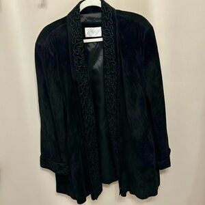 Lord & Taylor Suede Soft Black Vintage Embroidered Pockets Duster Jacket 14